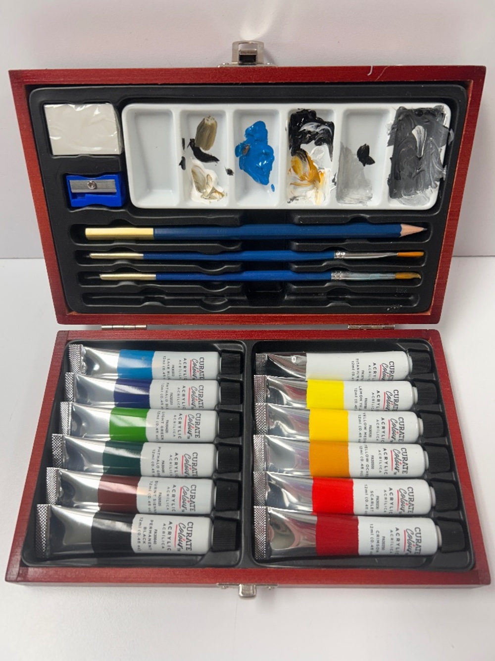 Curate Colour Acrylic Paint Set 12 Tubes 12ml Brushes Pencil Palette Wooden Box